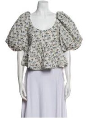 Loeffler Randall Cream Floral Quilted Puff-Sleeve Blouse Sz M